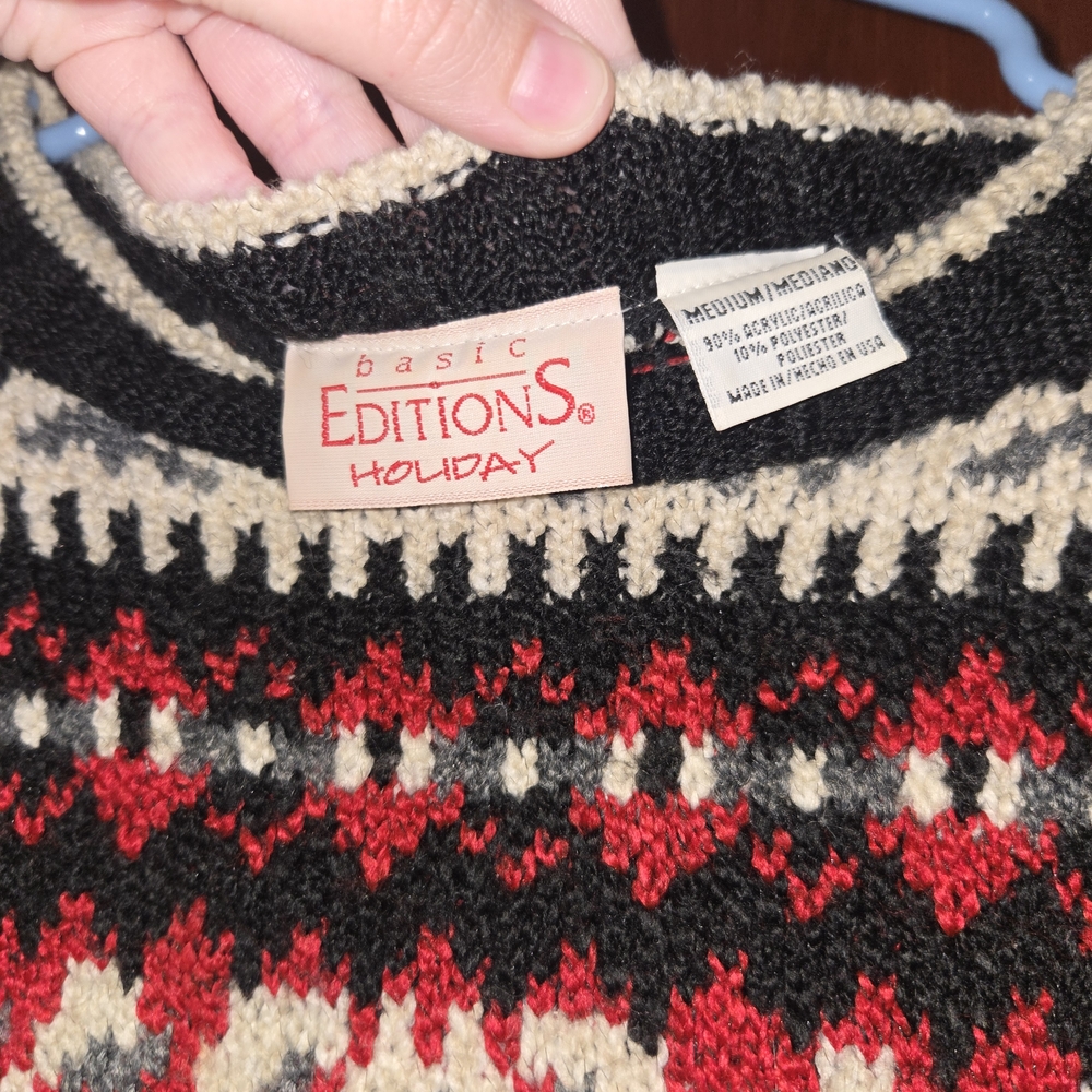 Basic Editions Red, Cream & Black Fair Isle Crewneck Sweater - Picture 4 of 5